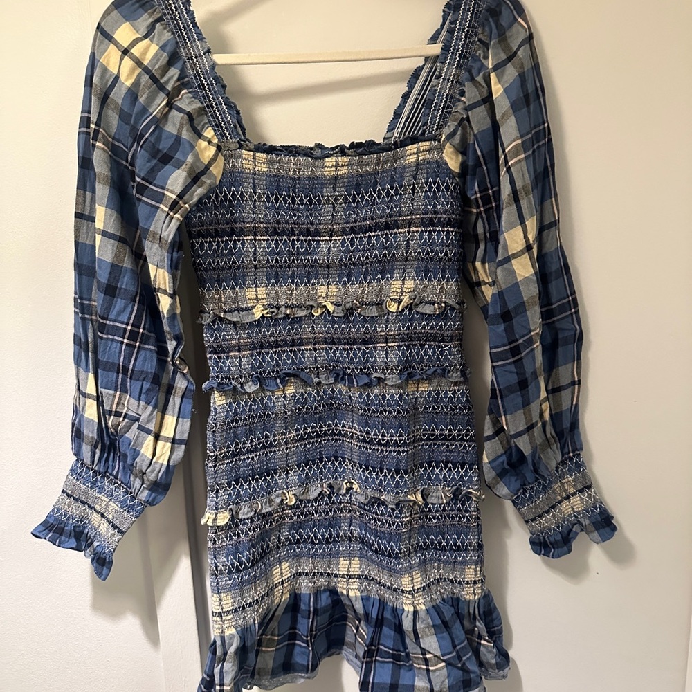 LoveShackFancy Blue Plaid Mini Dress